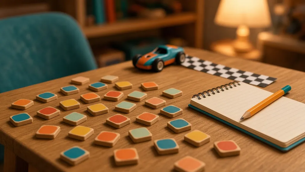 A child's wooden desk in warm lamplight with colourful letter tiles, a notebook and pencil, a toy racing car and a chequered-flag strip